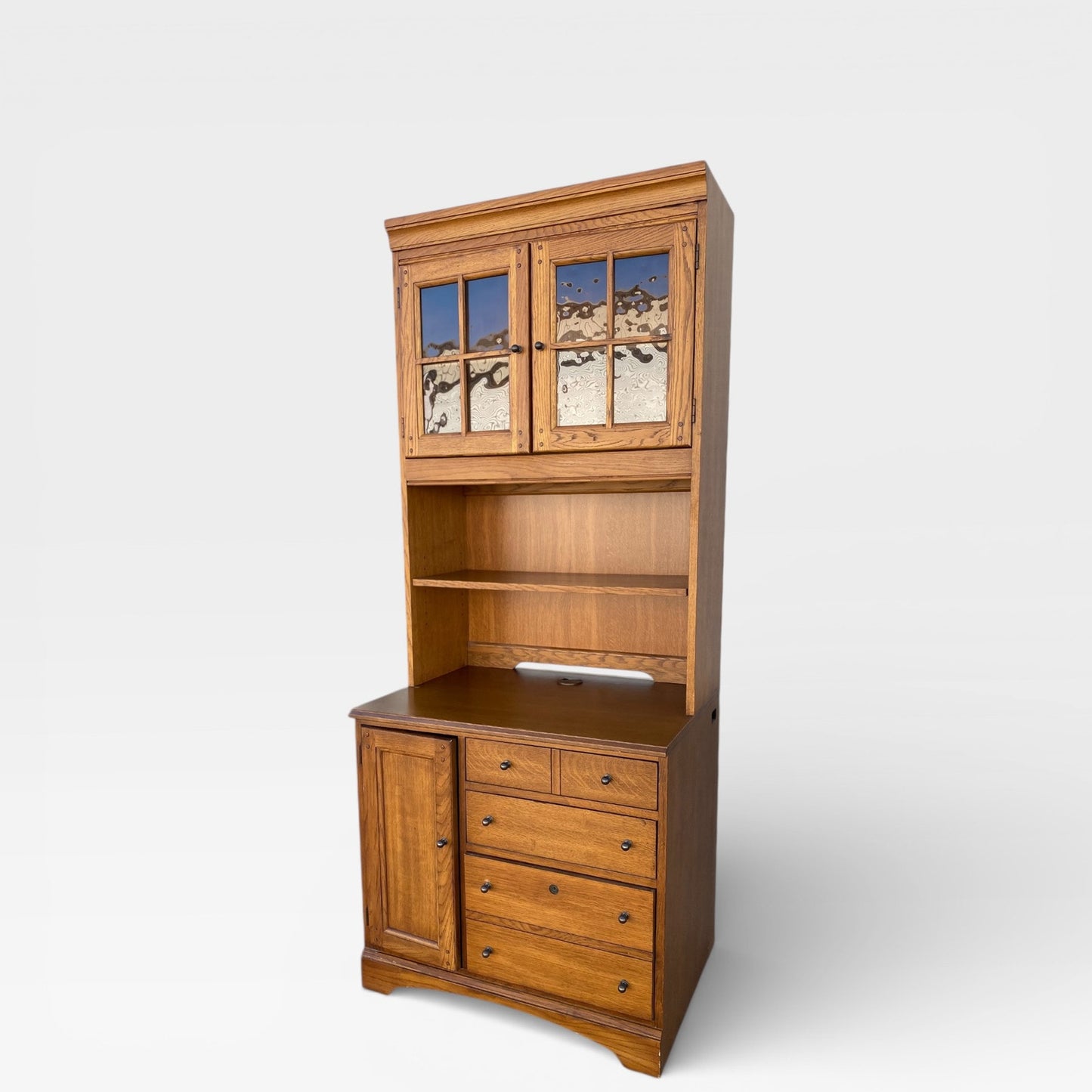 Cottage-Style Oak Hutch Cabinets, Pair