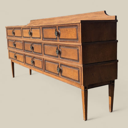 Vintage Sideboard, Mid Century, Unique Dresser, Cabinet, Credenza, 9 Drawers, Storage, Asian Inspired, Walnut, Laminate Top