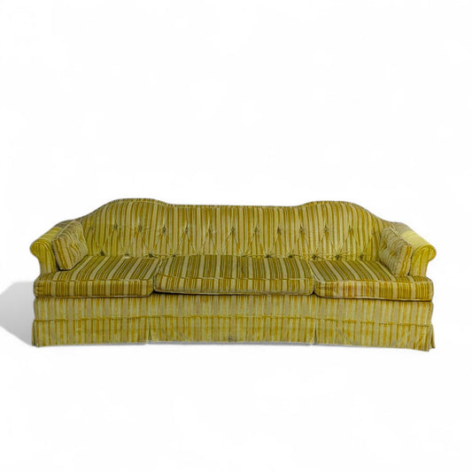 Vintage 96” Tufted Striped Sofa – Mid Century Curved Back Couch, Cleaned + New Foam Included, Unique Hollywood Regency Style