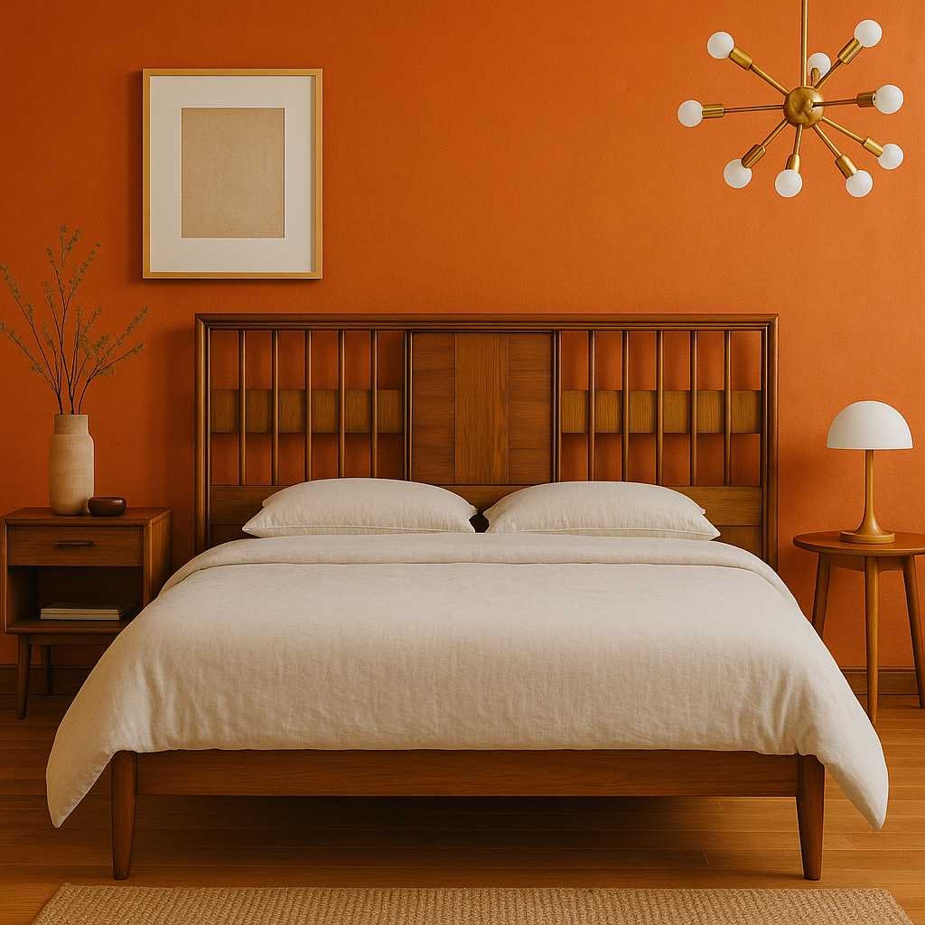 Vintage Walnut Veneer King Headboard with Chrome Trim, MCM