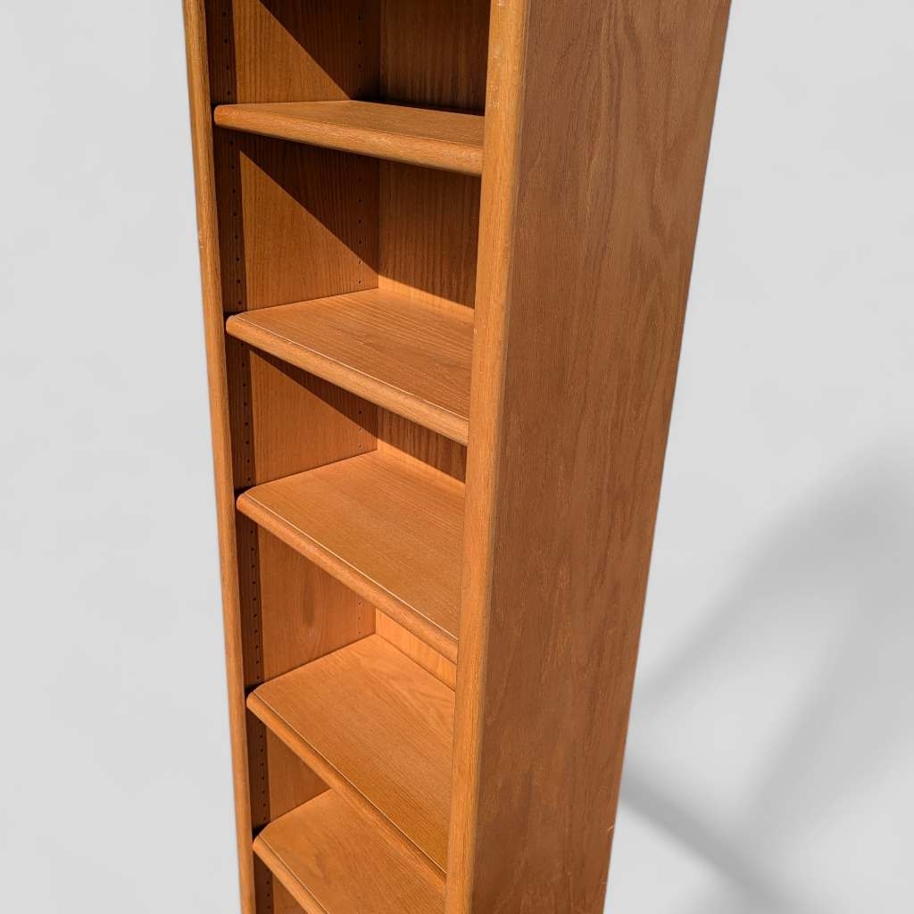 Vintage Oak Bookcase, Solid Wood, Mid Century, MCM, Slim, Six Shelves, Freestanding, Living Room