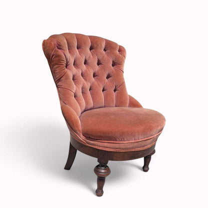 Victorian Style Tufted Slipper Chair – Pink Velvet Upholstery, Carved Wood Base, Antique Accent Chair