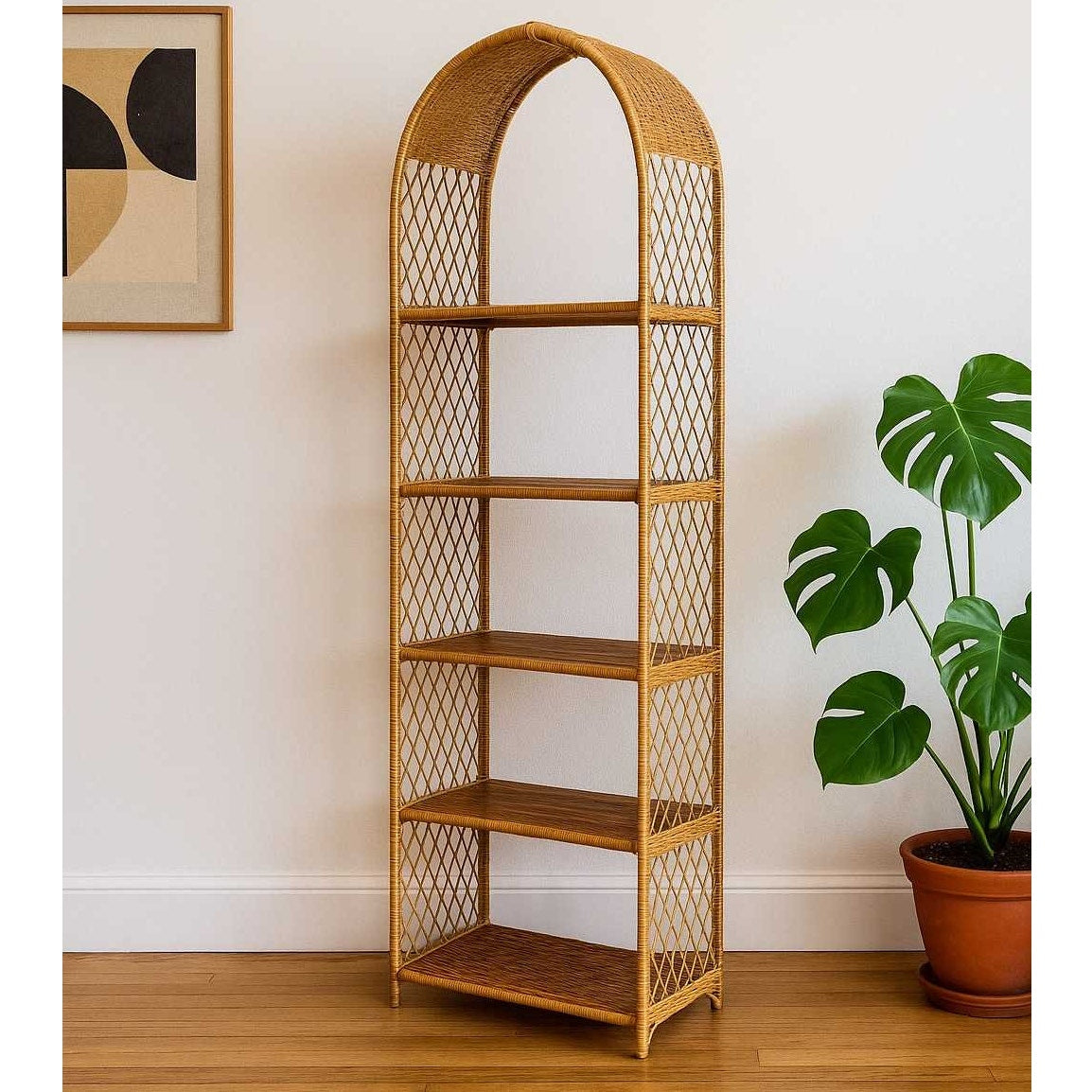 Vintage Arched Rattan Shelf – Tall Boho Etagere