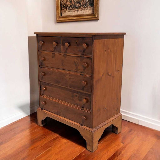 Vintage Pine Dresser,  6-Drawer Chest with Oversized Knobs, Farmhouse Bracket Base, Wood Tallboy