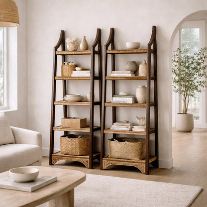 Pair of Sculptural Wooden Étagère Shelves with Woven Rush Shelves, Mid-20th Century