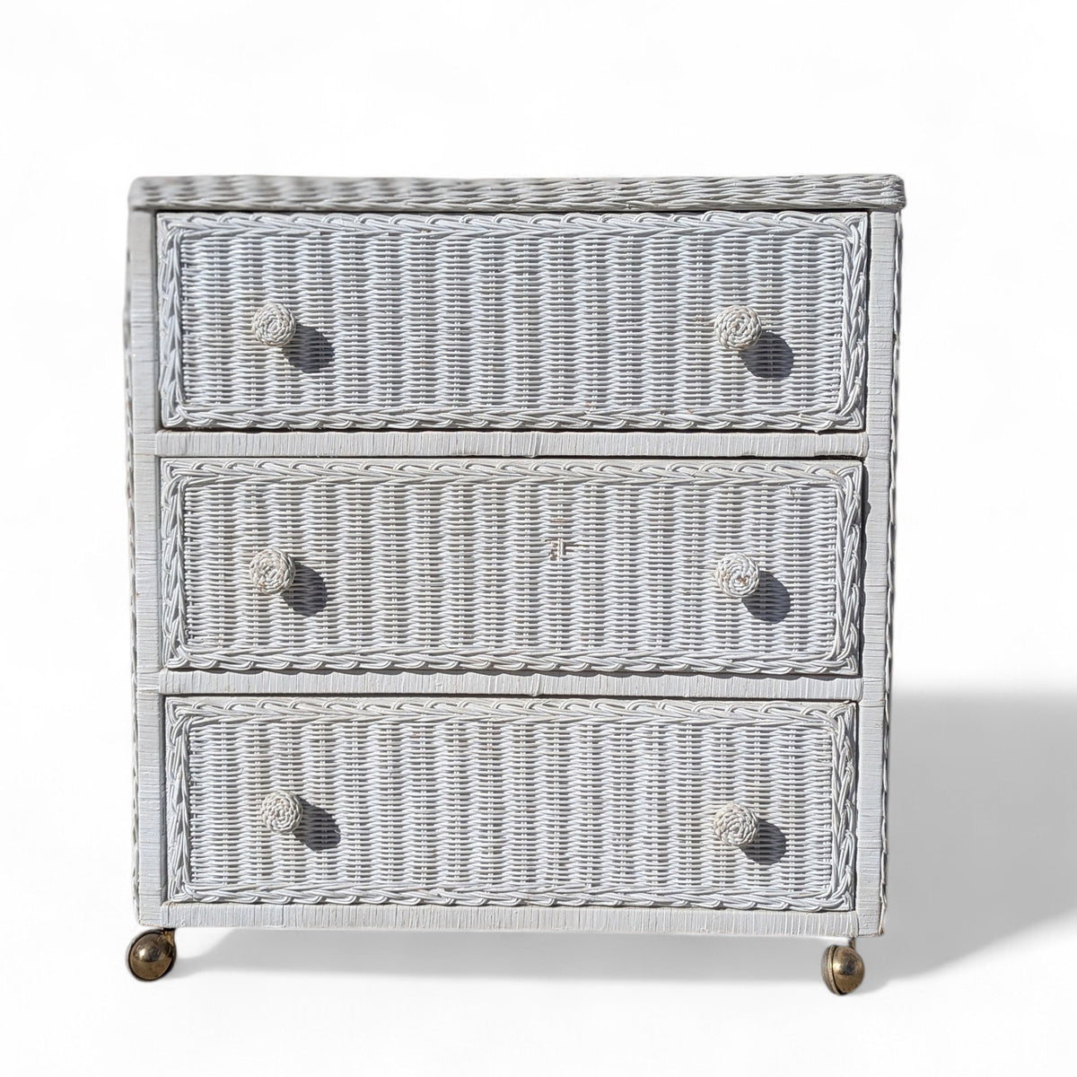 Vintage White Woven Wicker Three-Drawer Chest on Casters