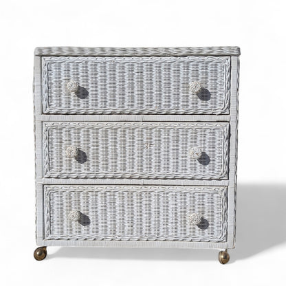 Vintage White Woven Wicker Three-Drawer Chest on Casters
