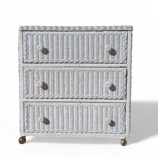 Vintage White Woven Wicker Three-Drawer Chest on Casters