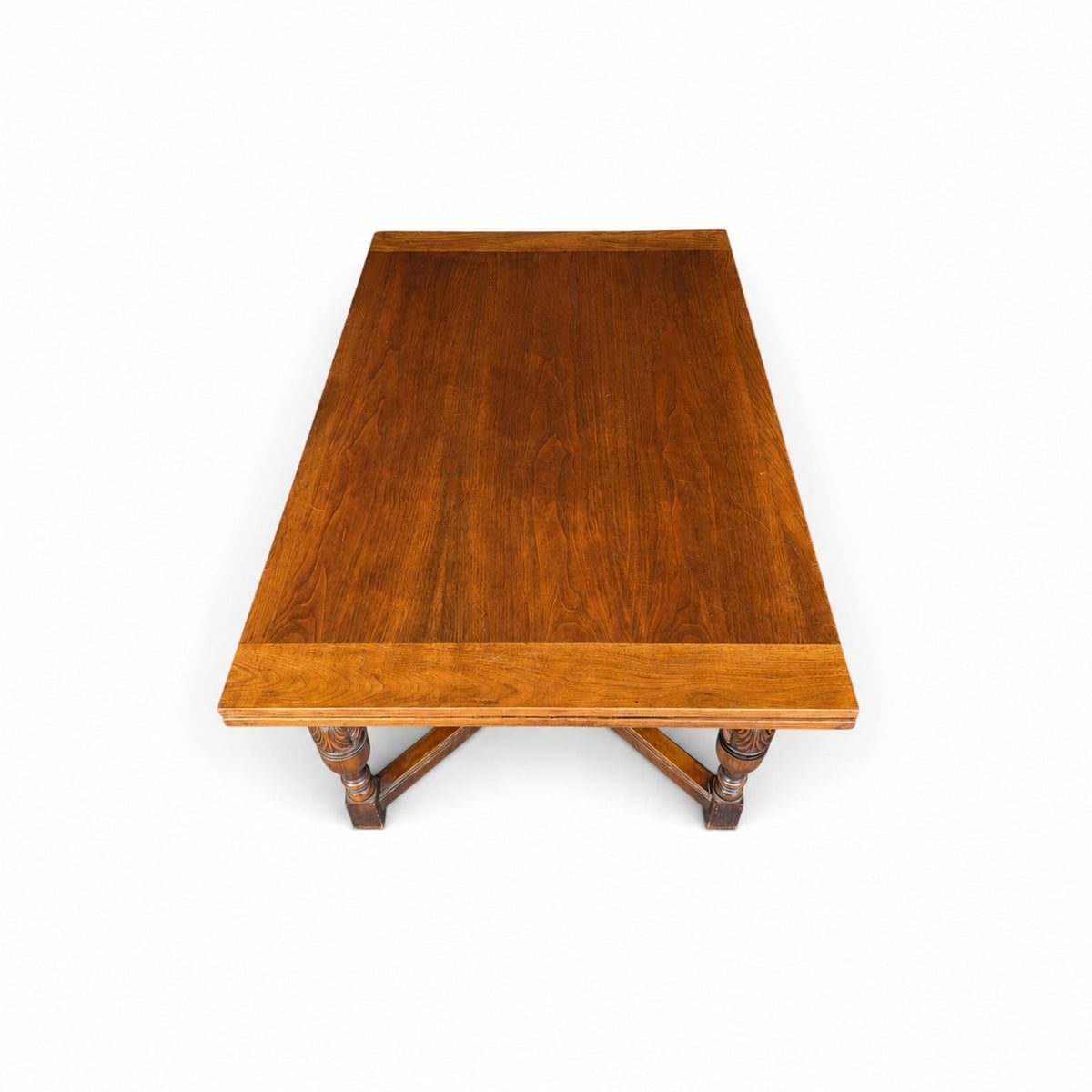 Vintage Walnut Jacobean Revival Refectory Dining Table with Carved Base