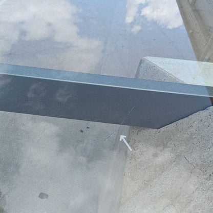 Postmodern Square Glass Coffee Table – Travertine Base, Silver Cross Bars, 1980s Sculptural Minimalist