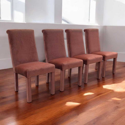 Set of 4 Postmodern Dining Chairs – 1980s Salmon Pink Velvet Upholstery, High Back Chairs, Vintage Modern Design, Sculptural Seating