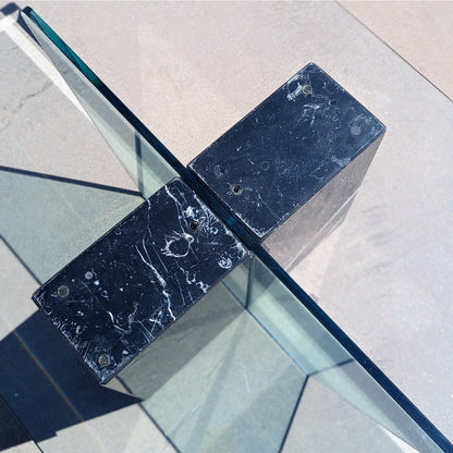Unique Coffee Table, Marble Base, Geometric, Unique, Rectangular Glass Top, Postmodern, Mid Century