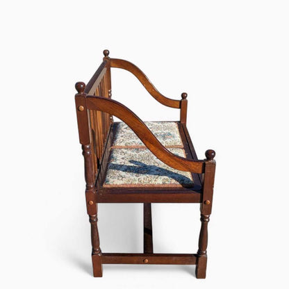 Vintage Spindle Back Wood Settee – Floral Upholstered Bench with Curved Arms, Entryway or Hall Seating