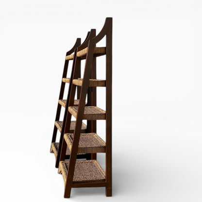 Pair of Sculptural Wooden Étagère Shelves with Woven Rush Shelves, Mid-20th Century