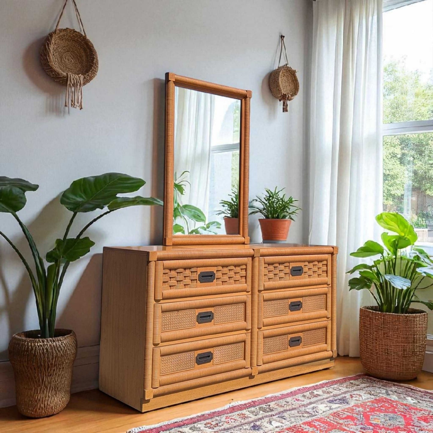 Vintage Dixie Rattan Dresser with Mirror
