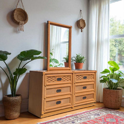 Vintage Dixie Rattan Dresser with Mirror