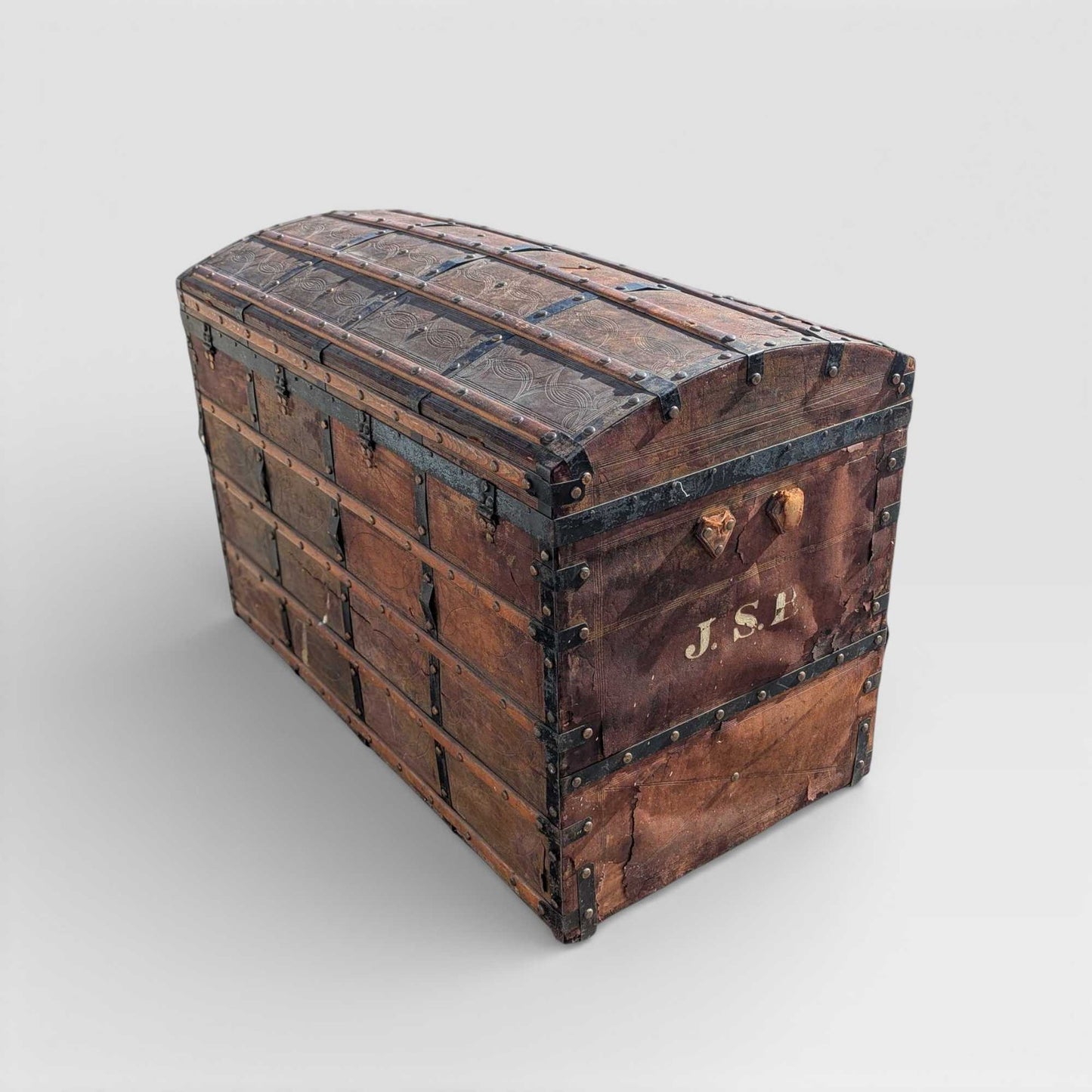 Antique Dome-Top Wooden Trunk with Original Iron Hardware and Patina, Late 19th Century