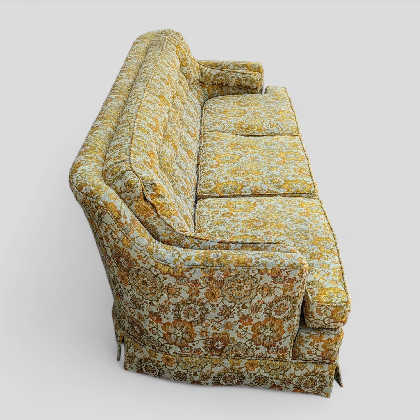 Vintage Hollywood Regency Floral Brocade Tufted Sofa, Yellow, Maximalist, MCM, Retro, Fun, Living Room