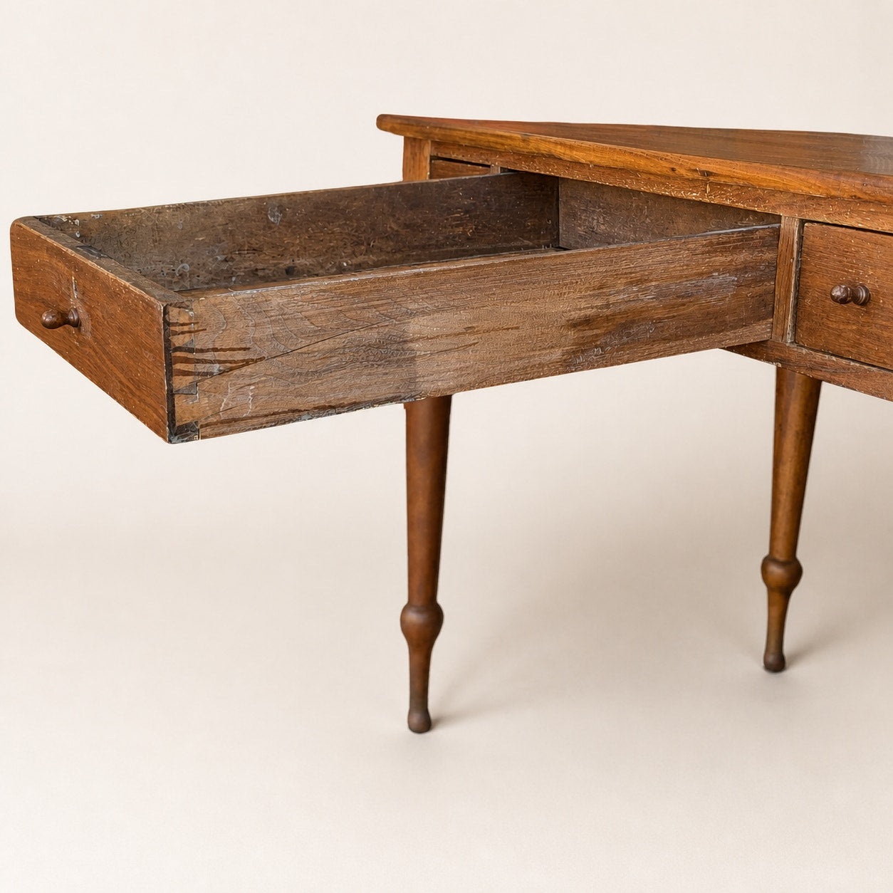Antique Walnut Three-Drawer Writing Desk with Turned Legs — view 15 of 16
