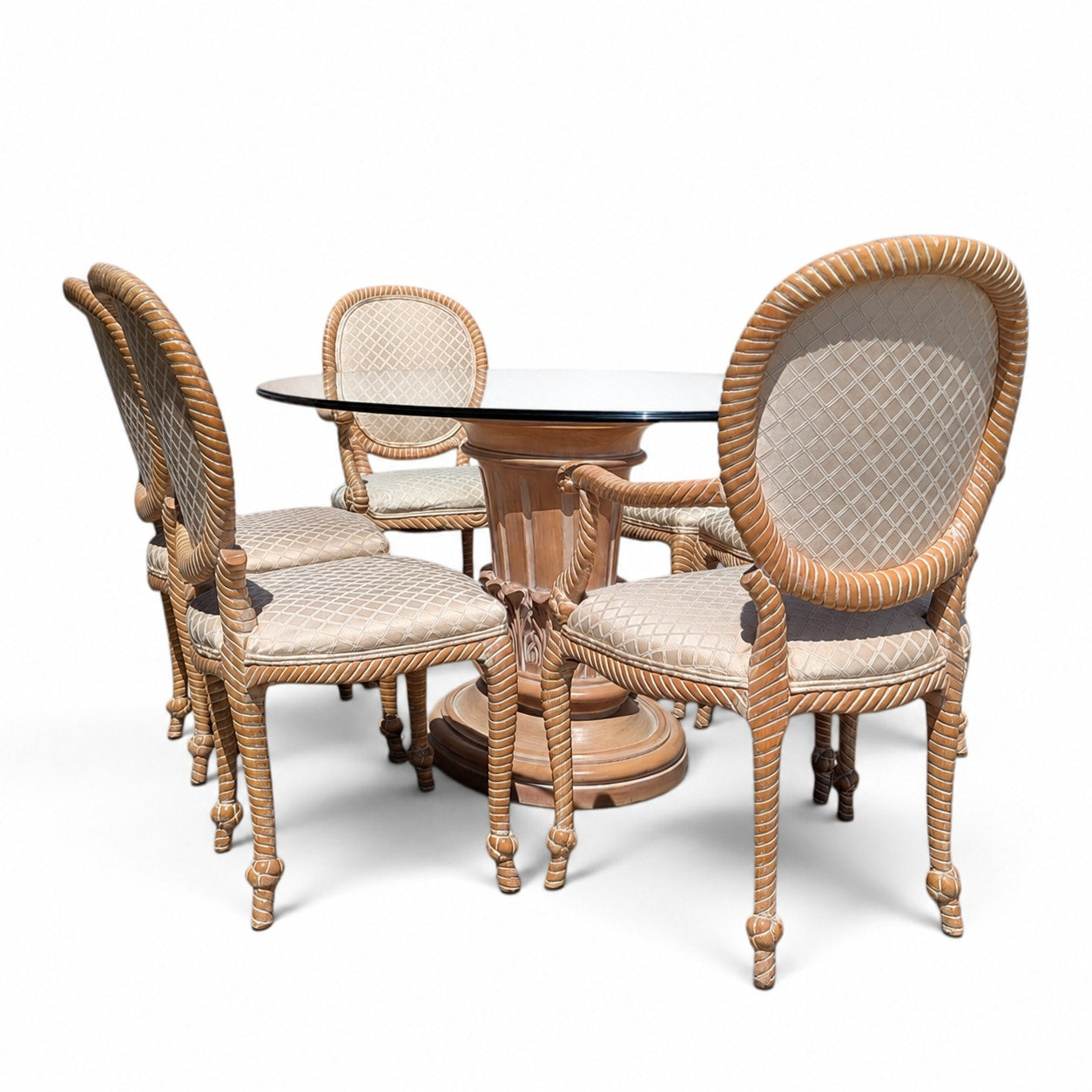 Vintage Carved Wood Oval Glass Dining Set with Six Upholstered Chairs