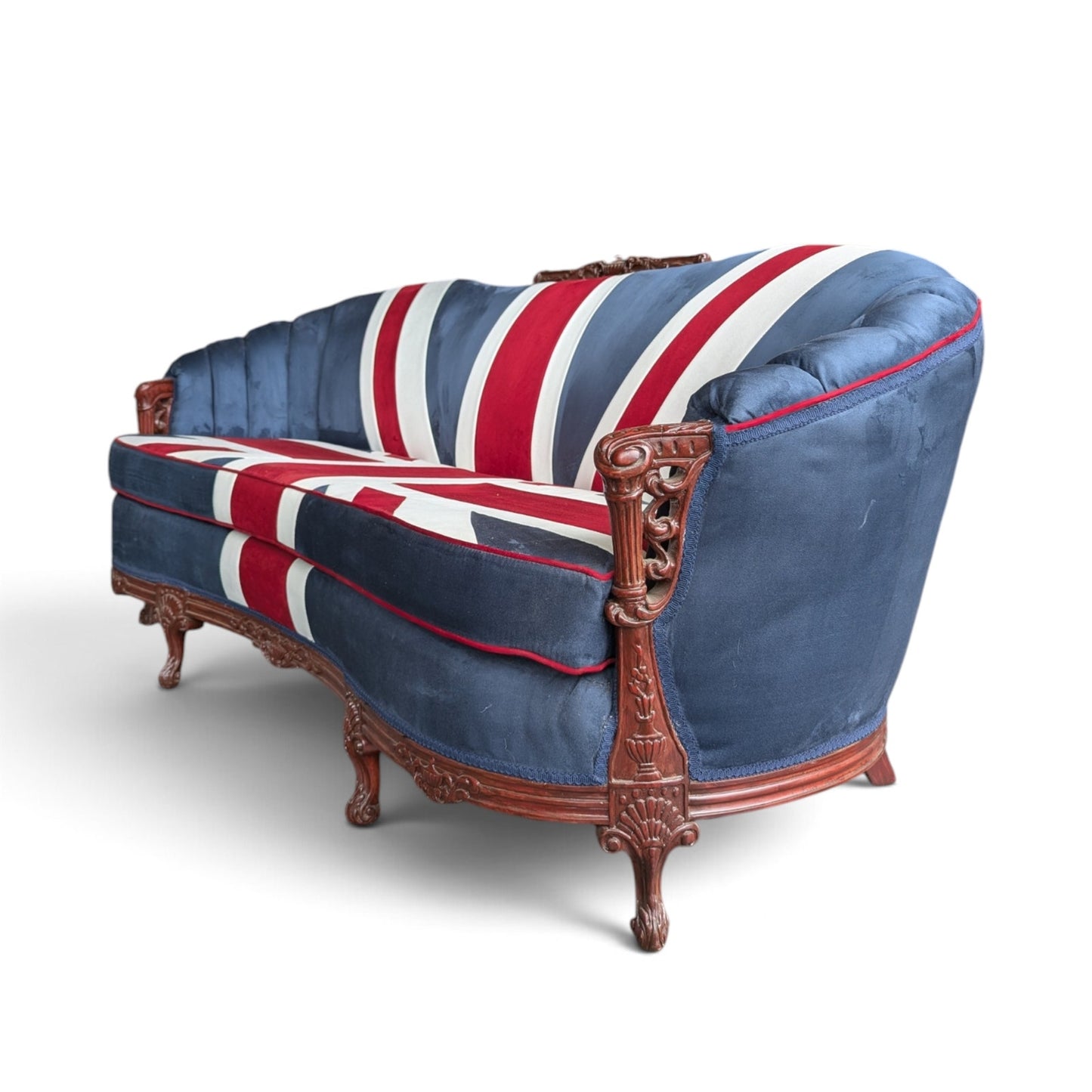 Vintage Union Jack Upholstered Sofa with Ornate Carved Wood Frame