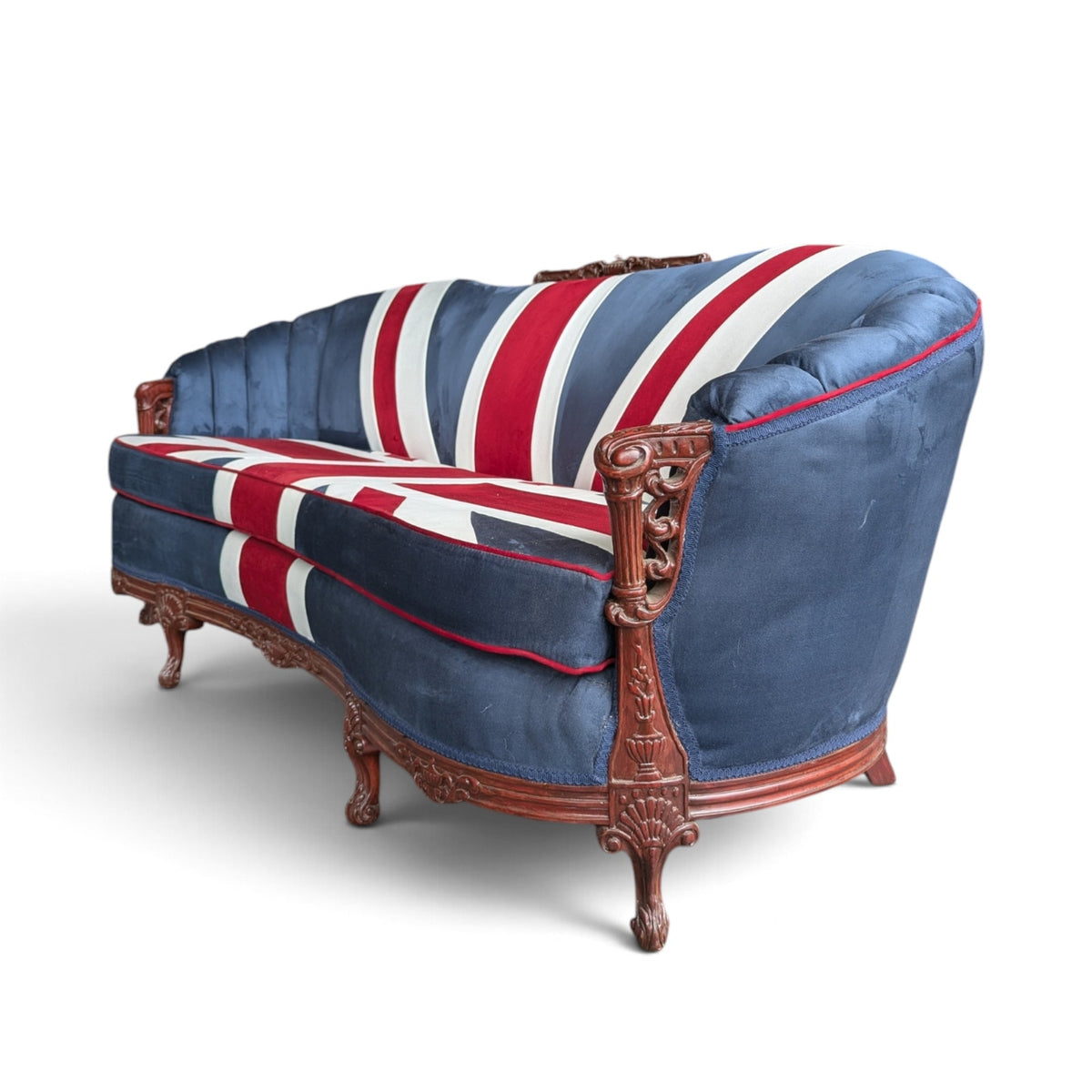Vintage Union Jack Upholstered Sofa with Ornate Carved Wood Frame — view 13 of 16