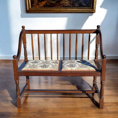 Vintage Spindle Back Wood Settee – Floral Upholstered Bench with Curved Arms, Entryway or Hall Seating