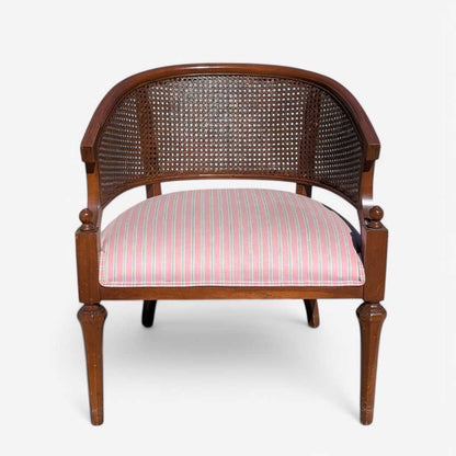 1970s Regency-Style Wood and Cane Barrel-Back Armchair