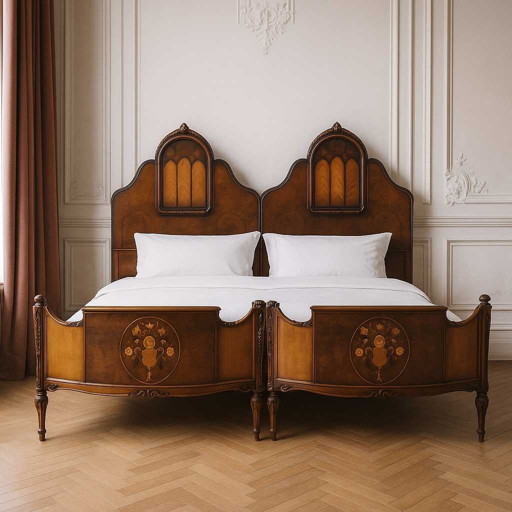 Antique Twin Bed Frame with Inlay | French Style Carved Wood Bed | Twin Size Vintage Bed | Ornate Floral Detail | 1920s Bedroom Decor