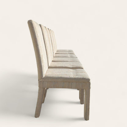 Set of 6 Postmodern 1980s Dining Chairs – Cream Textured Fabric w/ Subtle Color Flecks, Sculptural Silhouette