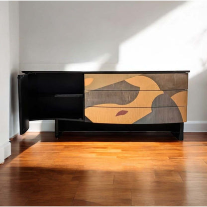 Italian Postmodern Sideboard by Carlo Malnati • Sculptural Curved Cabinet with Inlaid Wood Marquetry Fronts