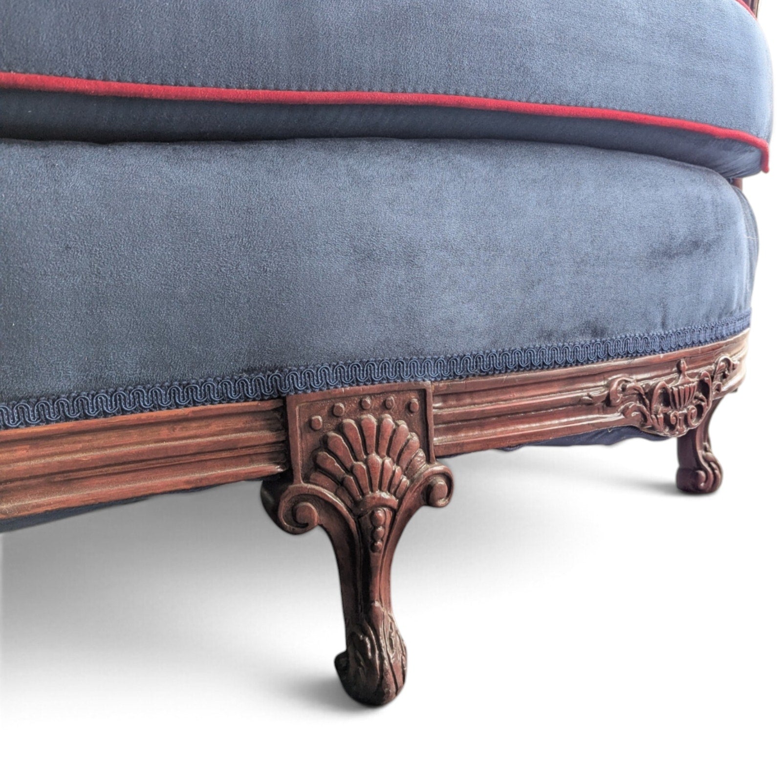 Vintage Union Jack Upholstered Sofa with Ornate Carved Wood Frame — view 9 of 16