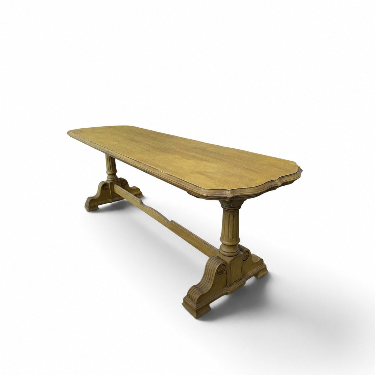 Vintage Butter Yellow Painted Trestle Sofa Table with Scalloped Top — view 9 of 16