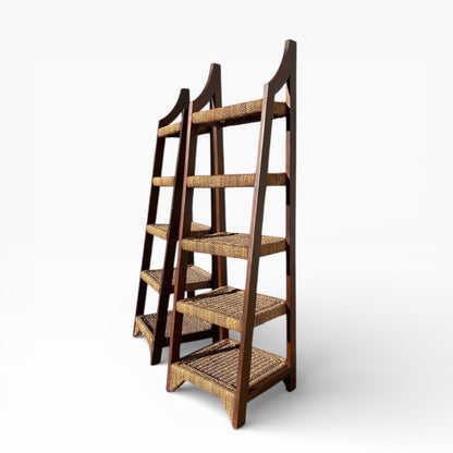 Pair of Sculptural Wooden Étagère Shelves with Woven Rush Shelves, Mid-20th Century
