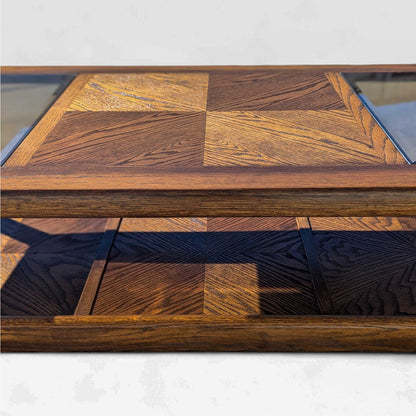 Vintage Oak Coffee Table Smoked Glass Insets
