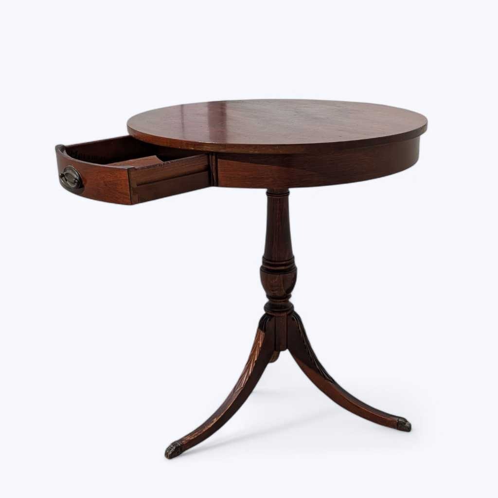 Vintage Mersman Round Wood Pedestal Side Table with Drawer