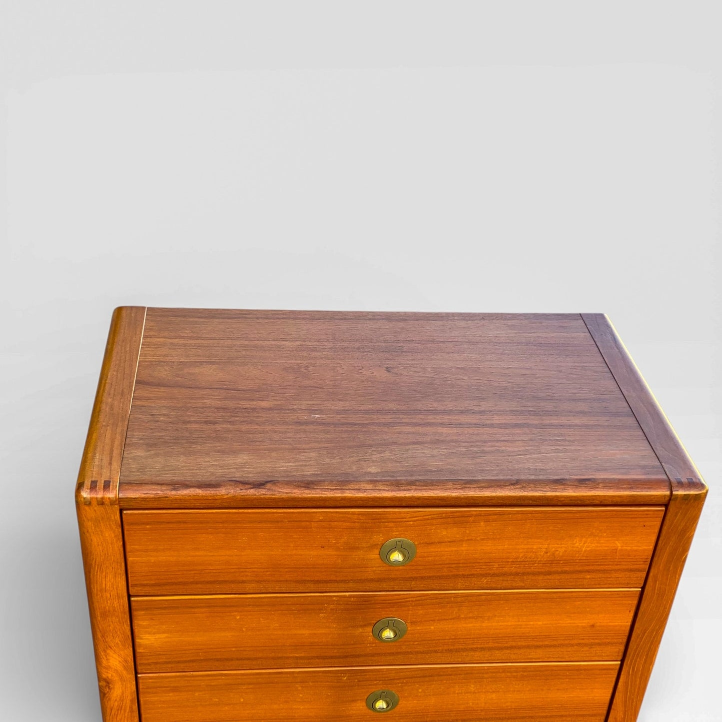 Mid-Century Modern D-Scan Captain Line Tallboy Dresser in Teak with Brass Pulls