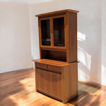 Vintage Teak Hutch Cabinet – 2-Piece Mid Century Display Cabinet w/ Glass Doors, 1960s Danish Modern Style