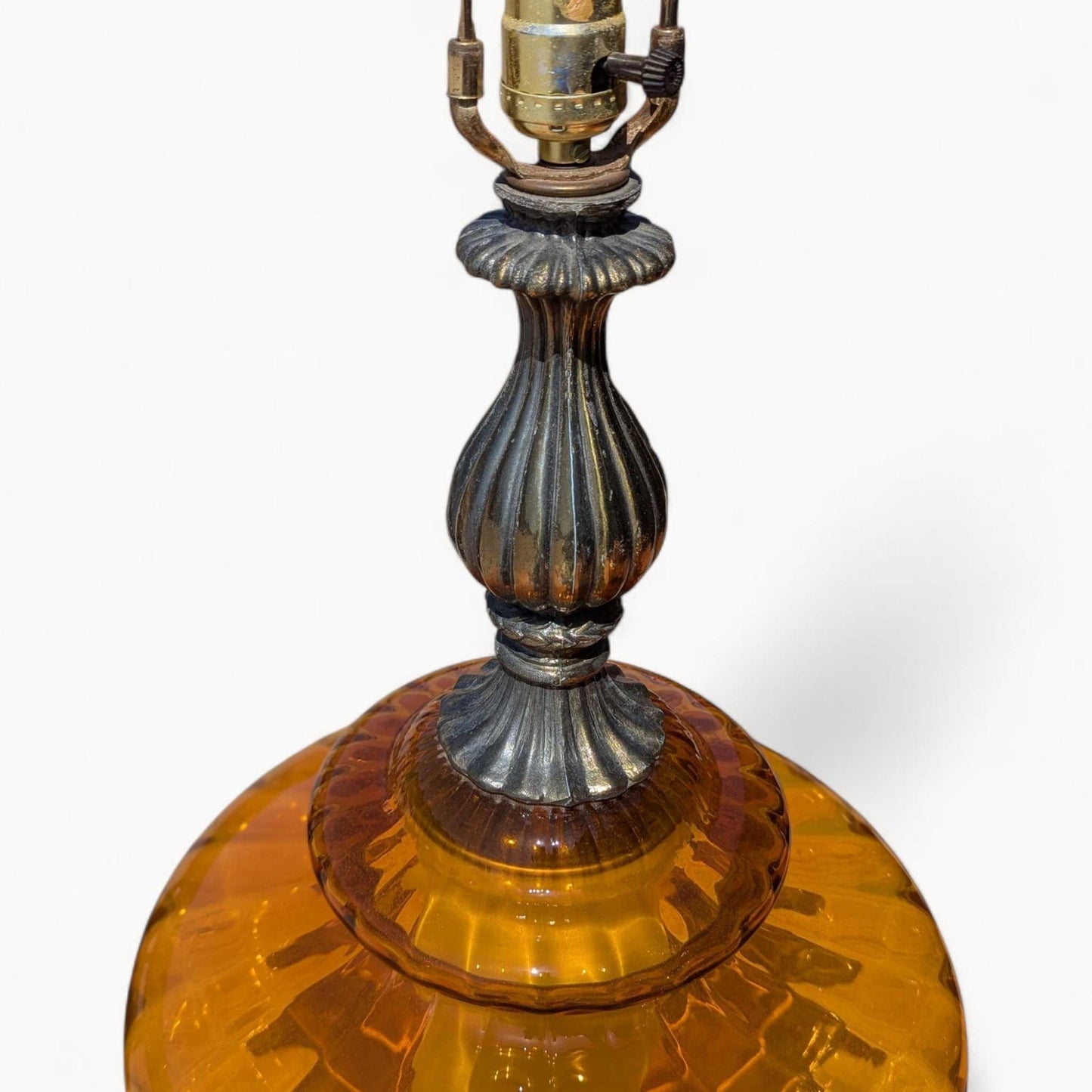Pair of Vintage Amber Glass Table Lamps with Brass Accents | Hollywood Regency Mid-Century Lighting
