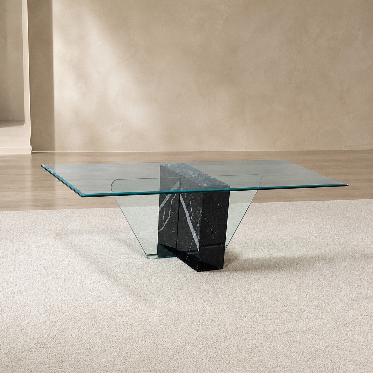 Unique Coffee Table, Marble Base, Geometric, Unique, Rectangular Glass Top, Postmodern, Mid Century — view 1 of 16
