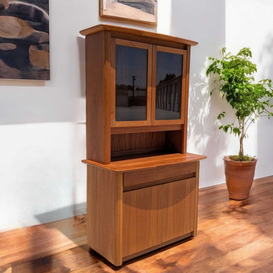 Vintage Teak Hutch Cabinet – 2-Piece Mid Century Display Cabinet w/ Glass Doors, 1960s Danish Modern Style