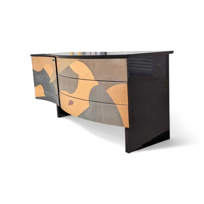 Italian Postmodern Sideboard by Carlo Malnati • Sculptural Curved Cabinet with Inlaid Wood Marquetry Fronts