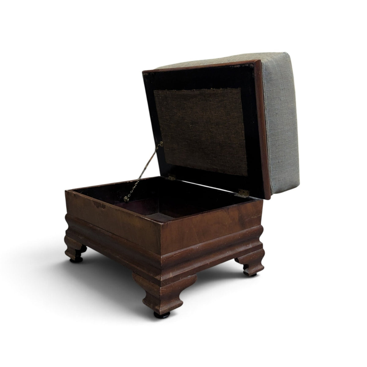 Early-to-Mid 20th Century Upholstered Wood Storage Ottoman with Hinged Lid