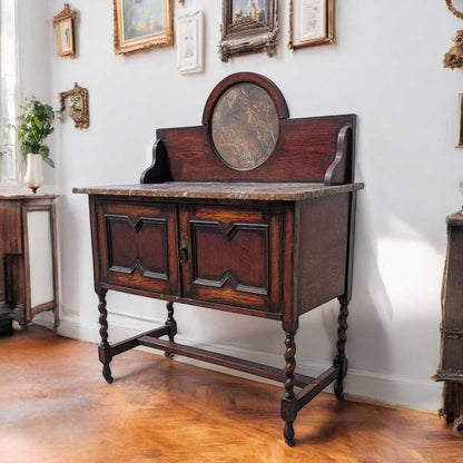 Antique Marble-Top Washstand – Oak with Barley Twist Legs and Round Marble Back, Early 1900s English