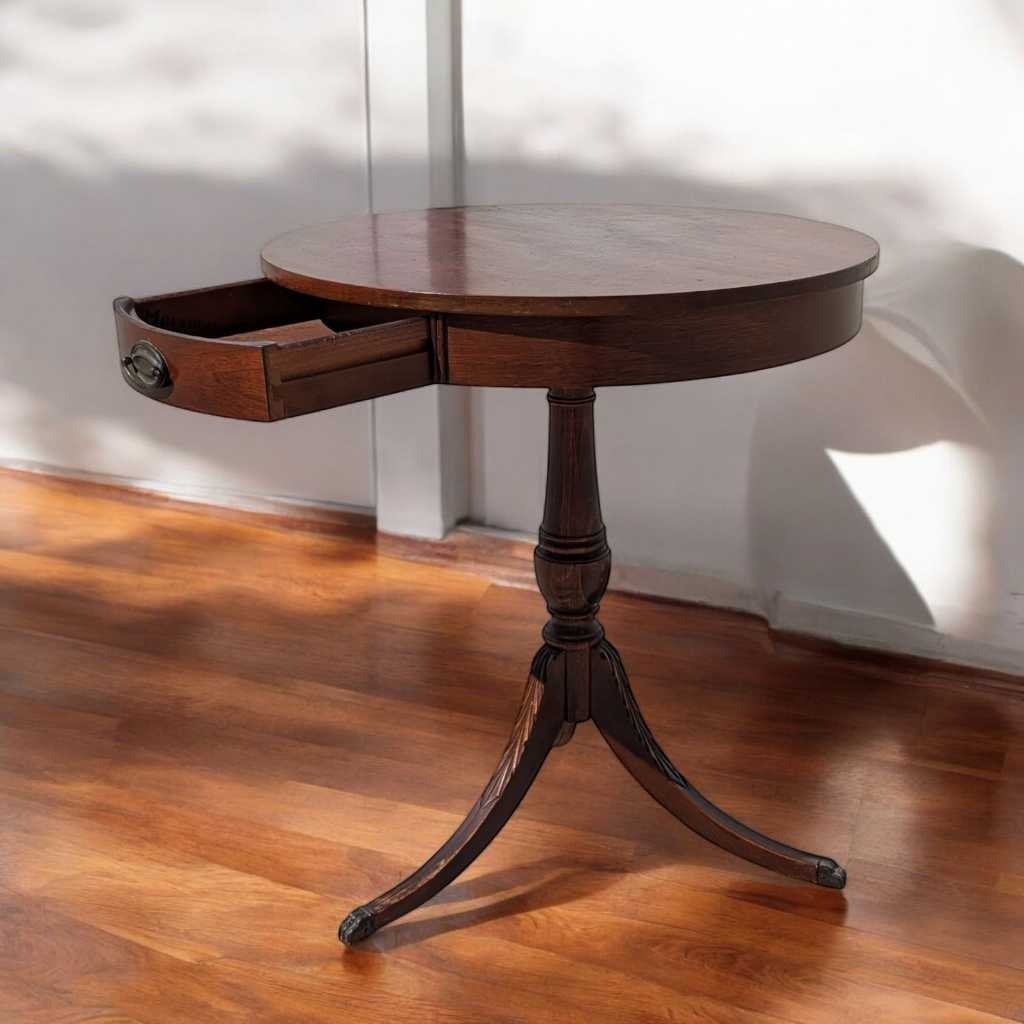 Vintage Mersman Round Wood Pedestal Side Table with Drawer — view 4 of 16