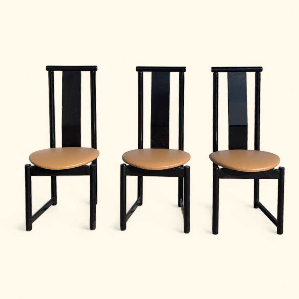 Set of Six BiF Postmodern Black Lacquer Dining Chairs, 1980s — view 7 of 16
