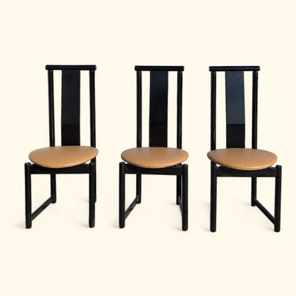 Set of Six BiF Postmodern Black Lacquer Dining Chairs, 1980s