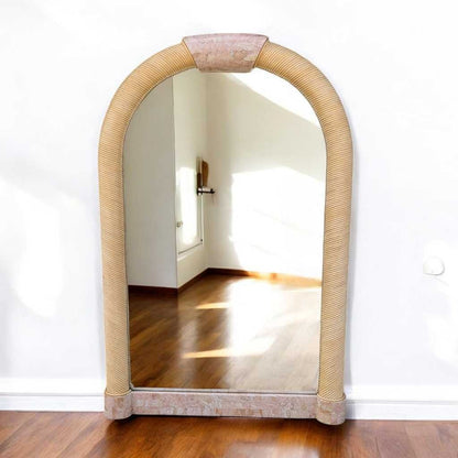 Vintage Arch Mirror, Karl Springer Style – Postmodern Tessellated Stone & Rope Detail, 48" Tall, 1980s Vintage Glam Statement