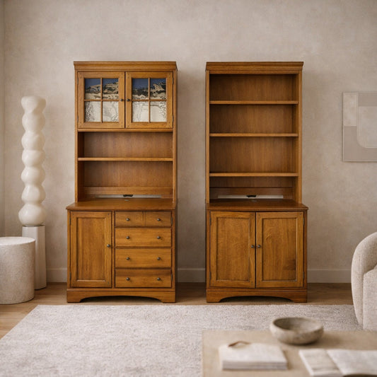 Cottage-Style Oak Hutch Cabinets, Pair