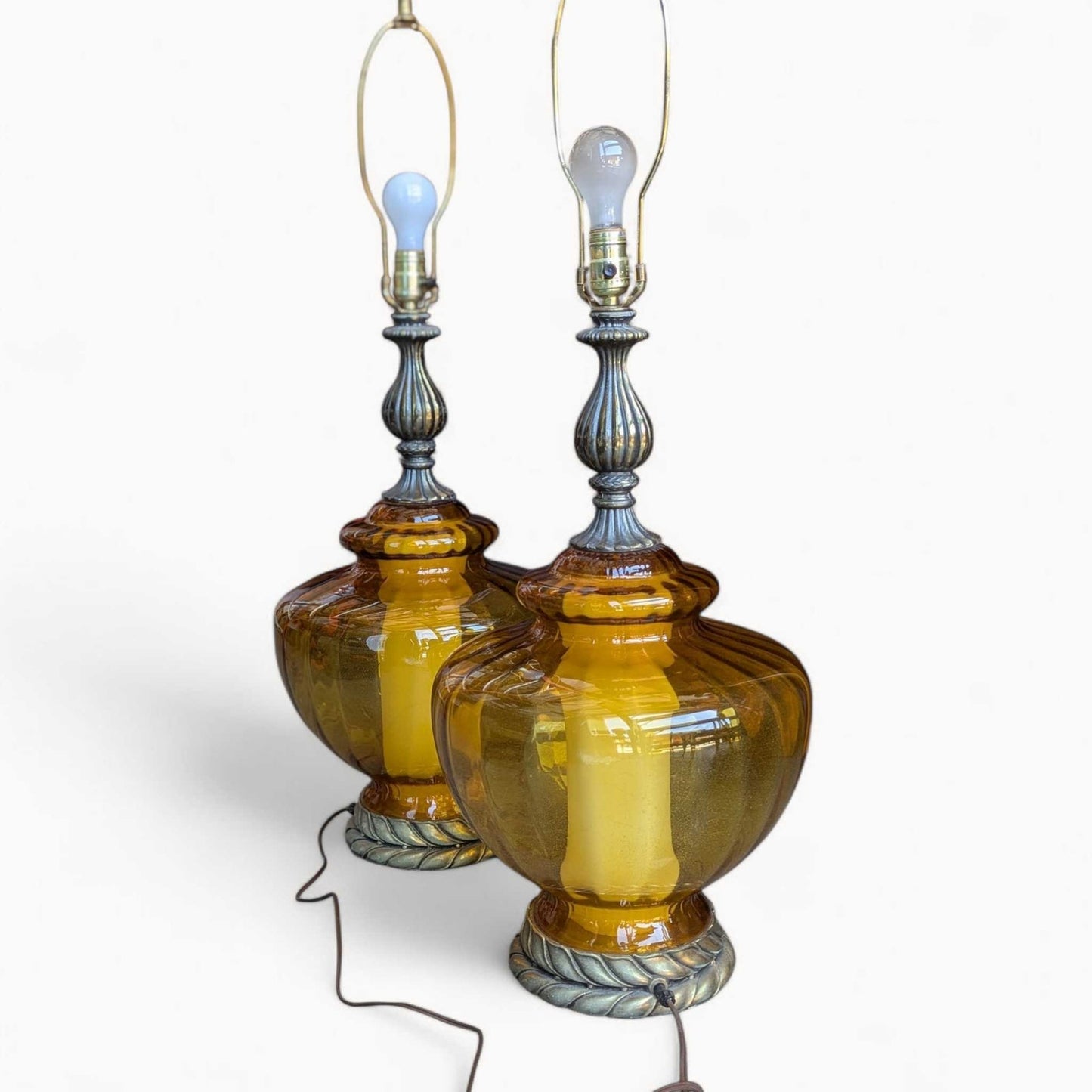 Pair of Vintage Amber Glass Table Lamps with Brass Accents | Hollywood Regency Mid-Century Lighting
